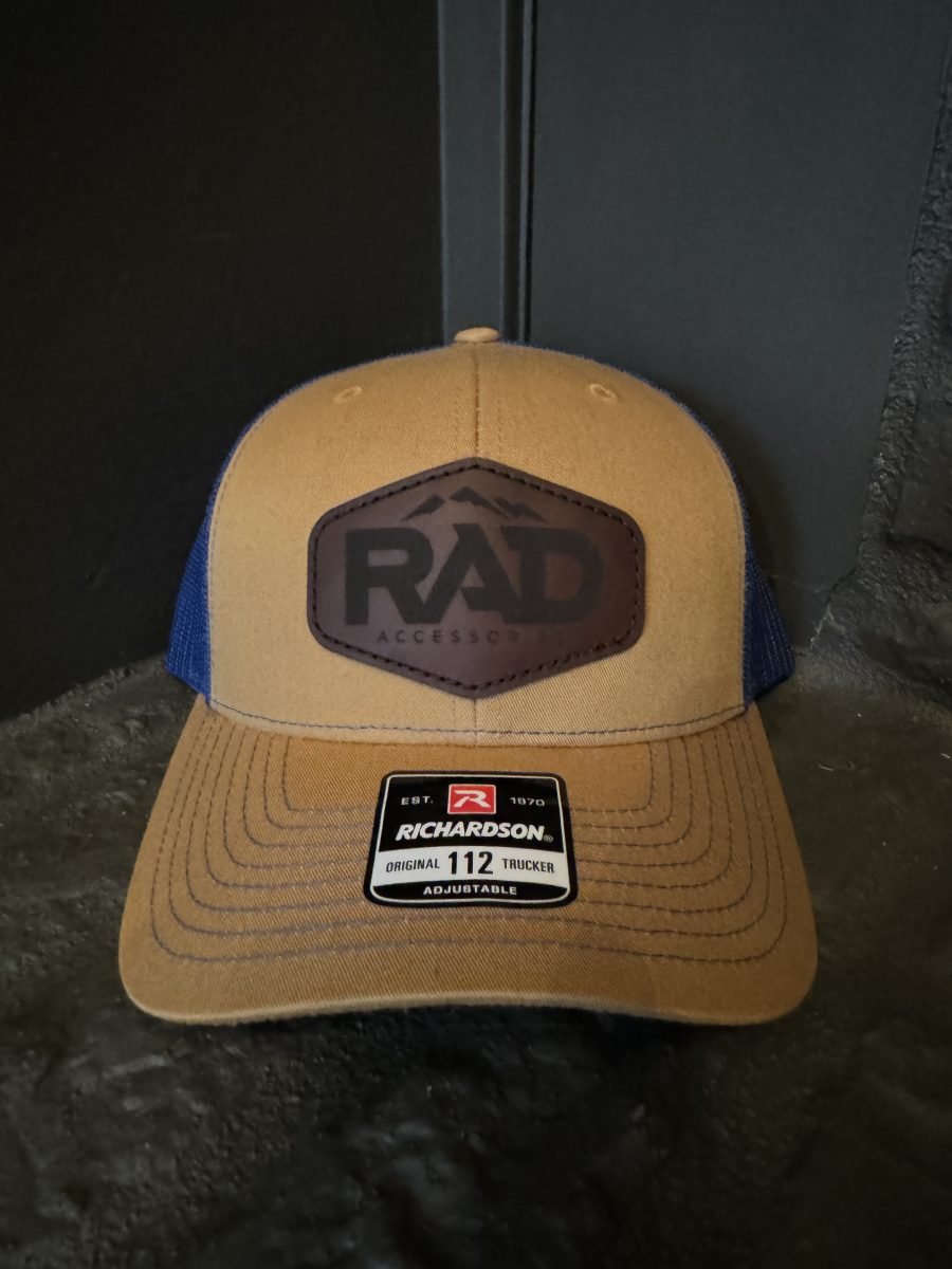 Rad Accessories Snap Back Leather Patch Trucker Hat Tan & True Blue