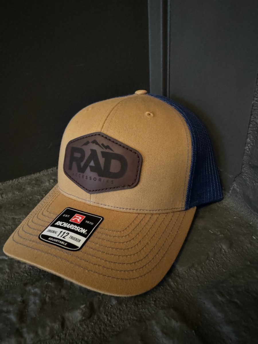 Rad Accessories Snap Back Leather Patch Trucker Hat Tan & True Blue - Image 2