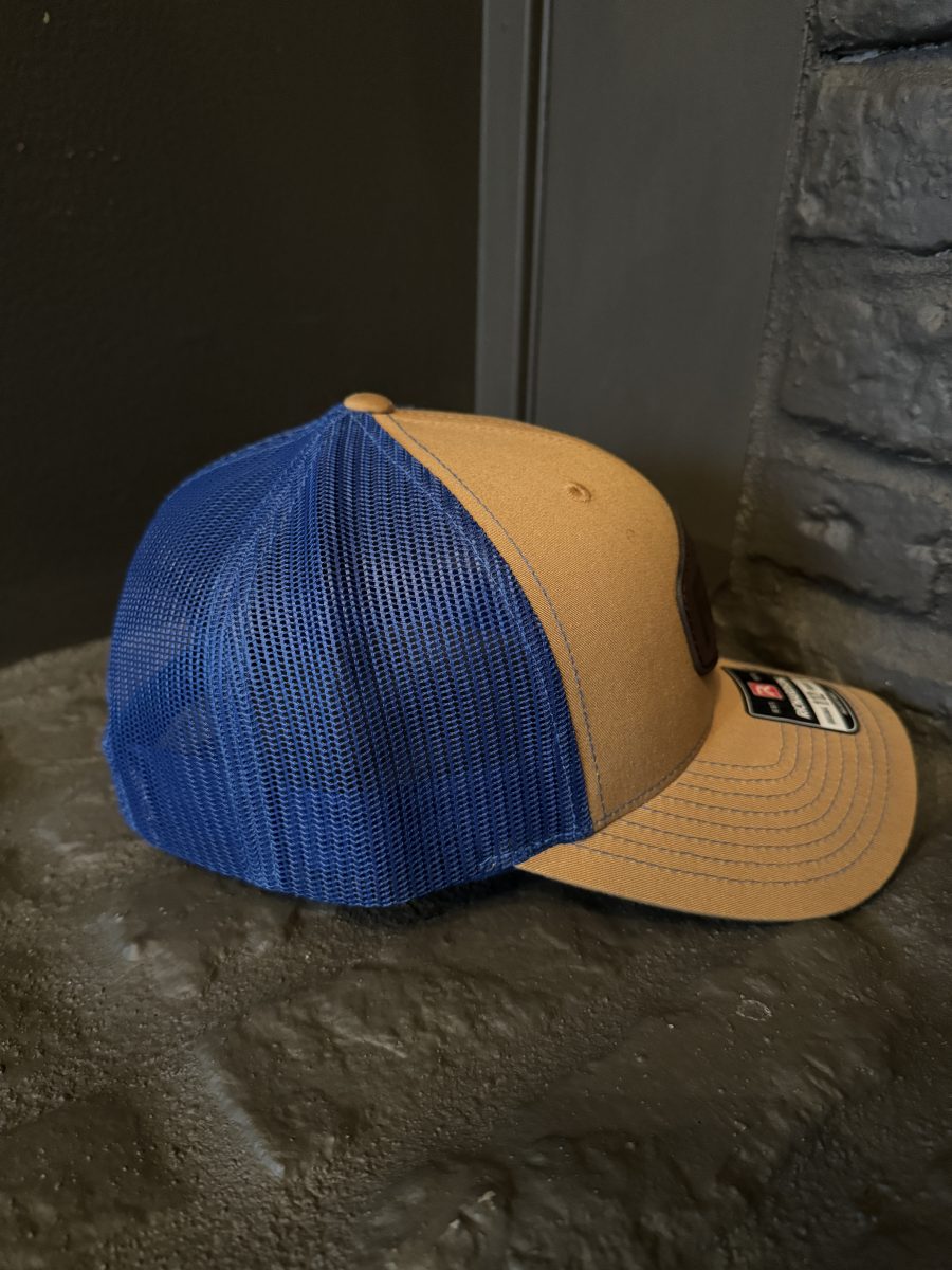 Rad Accessories Snap Back Leather Patch Trucker Hat Tan & True Blue - Image 3